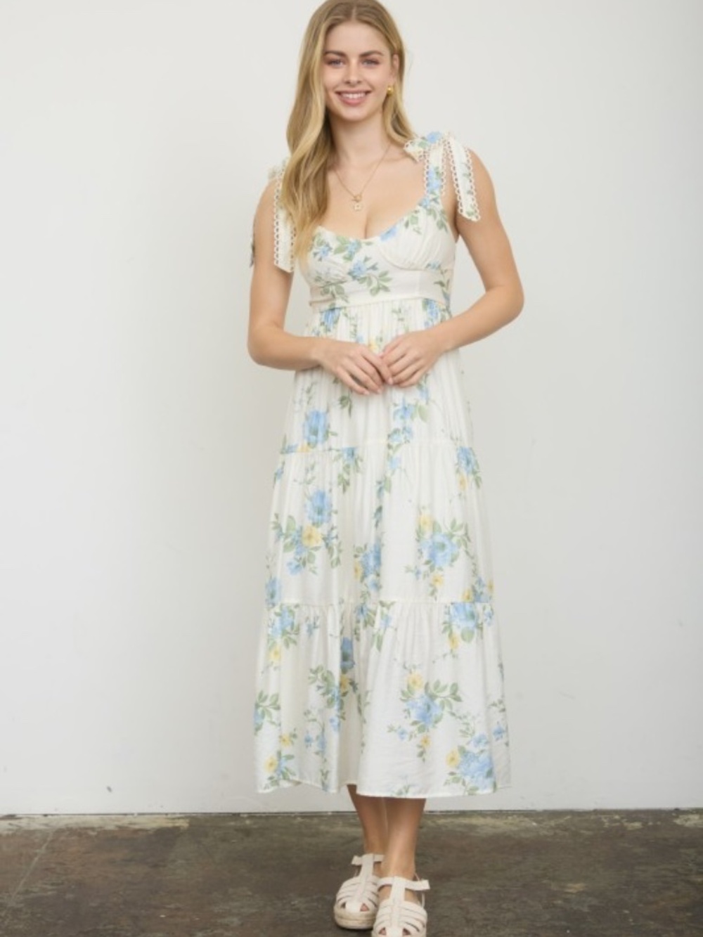 White Blue Yellow Floral Tiered Midi Dress Lace Tie Straps Large - Picture 5 of 14